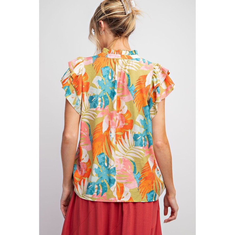 Easel Plus Sage Floral Print Peach Blossom Notched Neck Tops - Picture 5 of 5